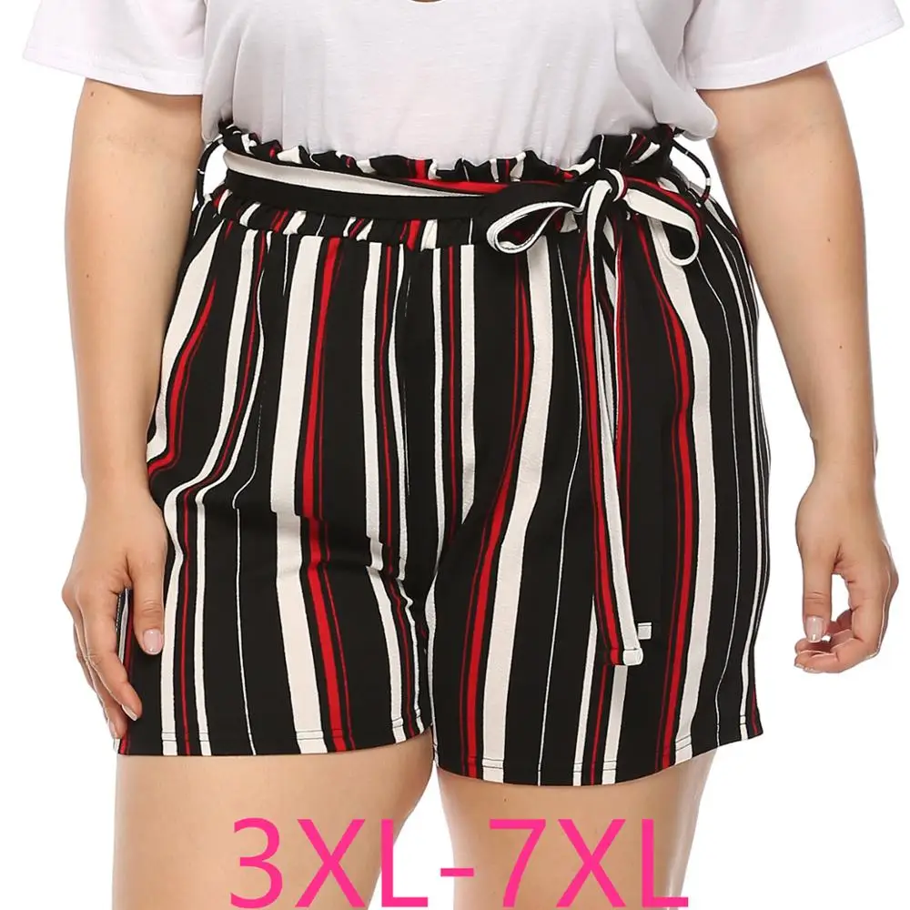 

2021 New Summer Plus Size Shorts For Women Large Casual Loose Elastic Waist Stripe Sport Shorts Belt Black Red 4XL 5XL 6XL 7XL