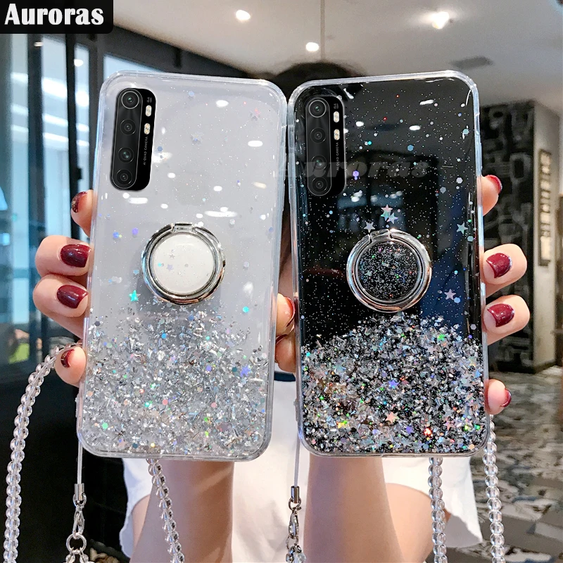 Auroras For Mi Note 10 Lite Case Glitter Bling Sequins Starry Sky With Ring For Xiaomi Mi Note 10 Lite Cover Stars Moon