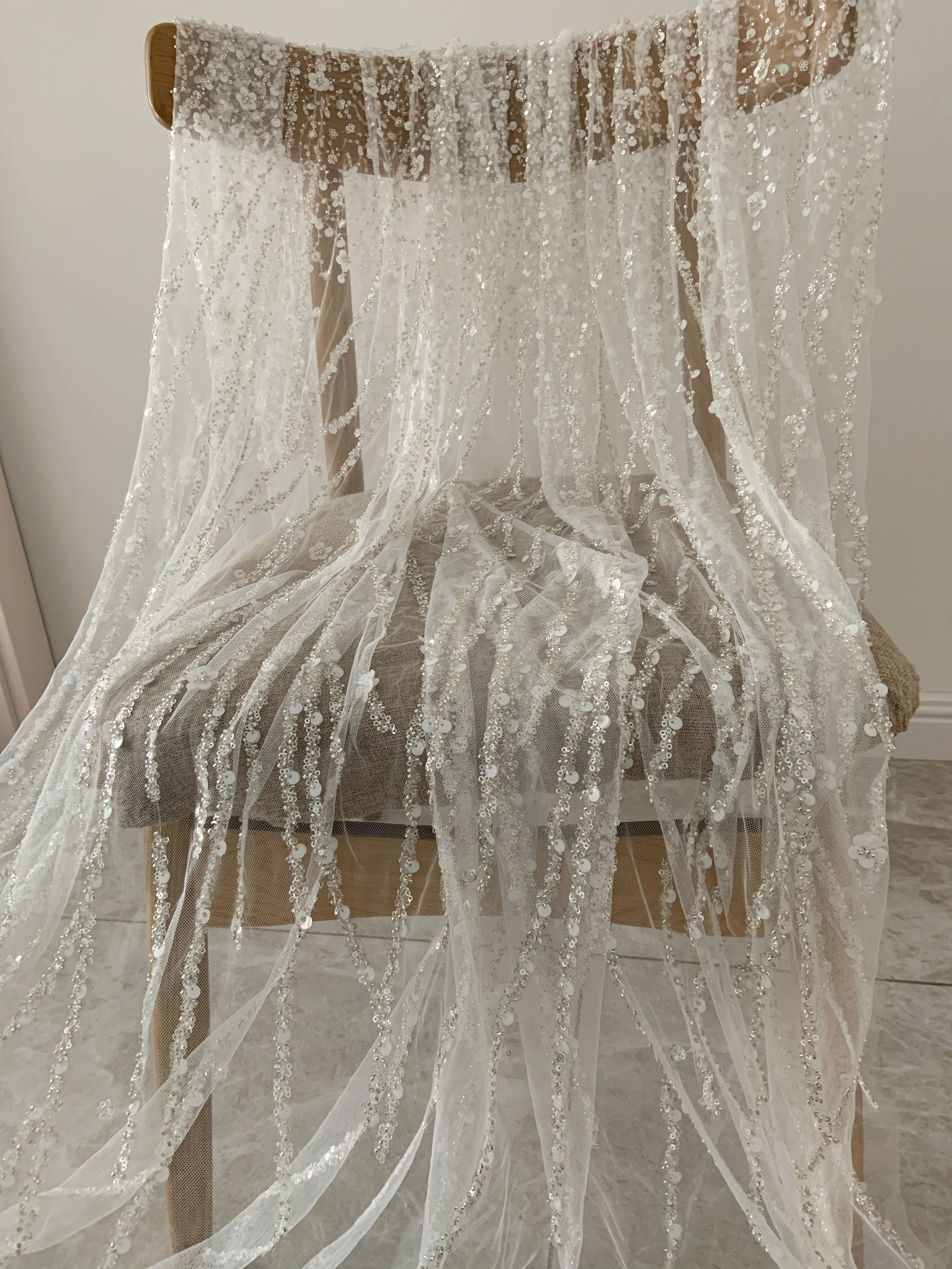 Off White High End Beaded Tulle Lace Fabric with Sequin Floral Branches for Dress,Couture,Sequined Flowers,Curtain,Ball Gown