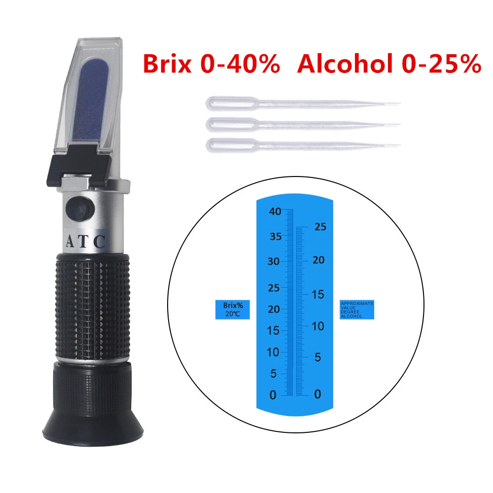 Refractómetro de alcohol de mano 0-40% Brix 0-25% Alcoholómetro Medidor de concentración de vino y azúcar ATC
