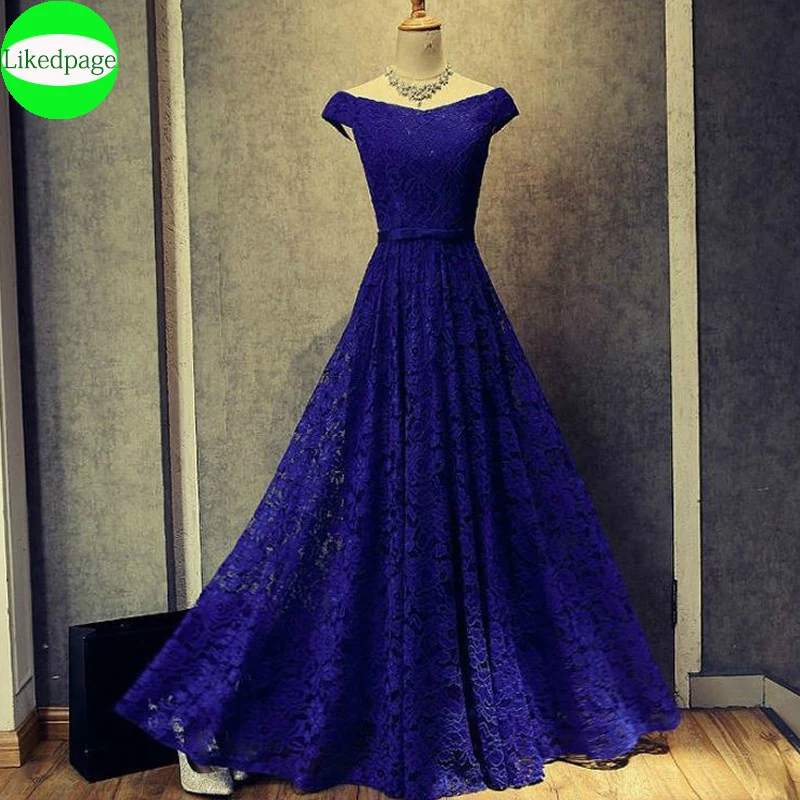 LỆCH VAI Buổi Tối Váy Hoa Văn Xanh Dương Đỏ Vintage Phối Ren Đảng Áo Choàng Áo De Soirée Mariage Một Dòng Vestidos Noite longo