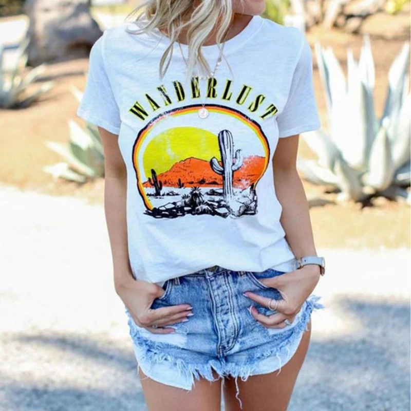 

WANDERLUST-Women's Letter Printed T Shirt Sunrise Cactus Graphic Tees Round Neck Short Sleeve Female Harajuku Summer T-shirts