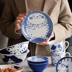 Cute Cat Ceramic Plate, Japanese Style Dinner Plates, Blue and White Porcelain Bowls, Household Creative Dishes