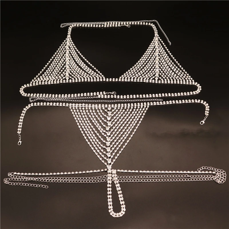 New Multi Layer Tassel Rhinestone Bra and Panties Sets for Women Sexy Crystal Prom Body Chain Harness Jewelry Underwear Set