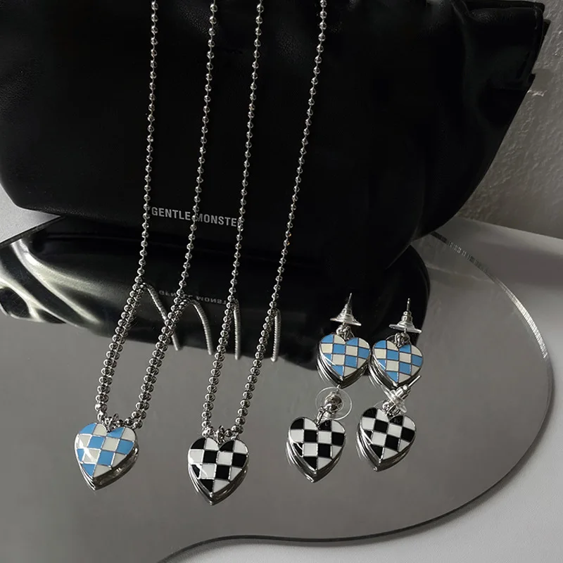 Chess Checkered Heart Earrings Fashion Retro Love Pendant Necklace Women Personality Girl Blue Black Earring necklace set