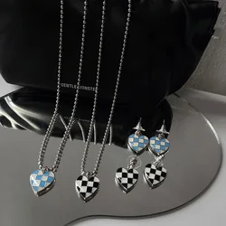 Chess Checkered Heart Earrings Fashion Retro Love Pendant Necklace Women Personality Girl Blue Black Earring necklace set