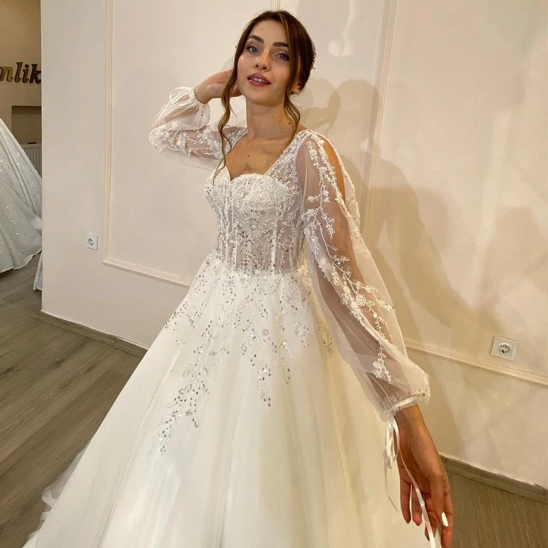 Eightree branco vestidos de casamento querida apliques vestido de noiva 2022 manga puff tule a linha princesa vestidos de casamento personalizado