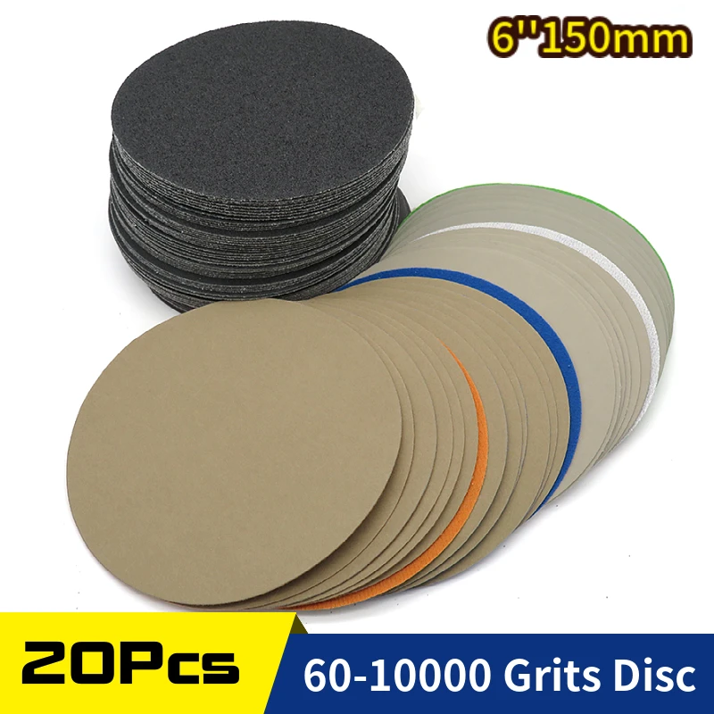 20pcs 6 Inch 150mm Waterproof Sanding Discs Hook & Loop Silicon Carbide Sandpaper Wet/Dry 60 to 10000 Grit for Polishing