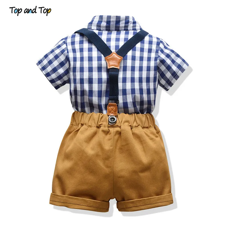 Top and Top Fashion Toddler Boys Clothing Sets Cotton Plaid Short Sleeve Shirt+Suspenders Shorts Baby Gentleman 2Pcs Suit