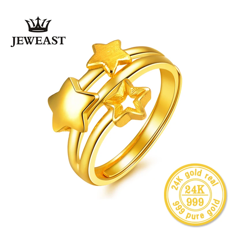 HMSS 24K Gold Ring Pure YELLOW Stars  Female Ring Jewelrygift As Girlfriend Resizable Design Classic Exquisite Fashion Au999