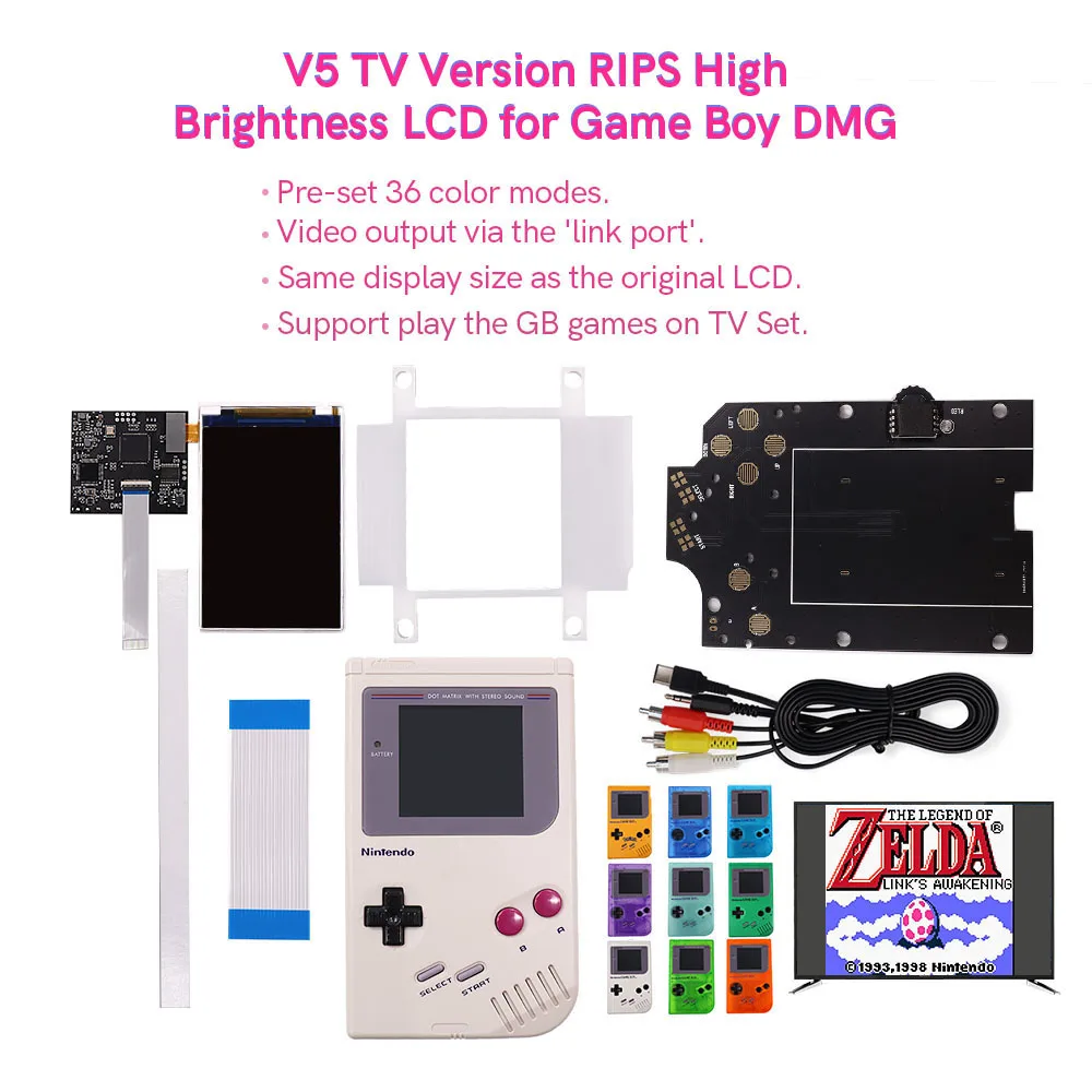 GB Classic DMG RIPS V5 TV مخرج 36 نماذج ملونة كامل الحجم RIPS الخلفية الخلفية LCD عدة لشاشة GameBoy الأصلية GBO