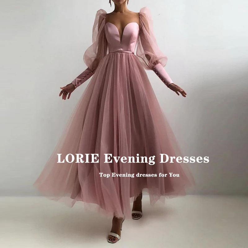 LORIE Dusty สีชมพูพรหม Gowns Sweetheart พัฟแขนยาว Tulle A-Line ภาษาสวีดิชคำชุดราตรีชุดราตรีชุดเดรสปาร์ตี้สำหรับการสำเร็จการศึกษา