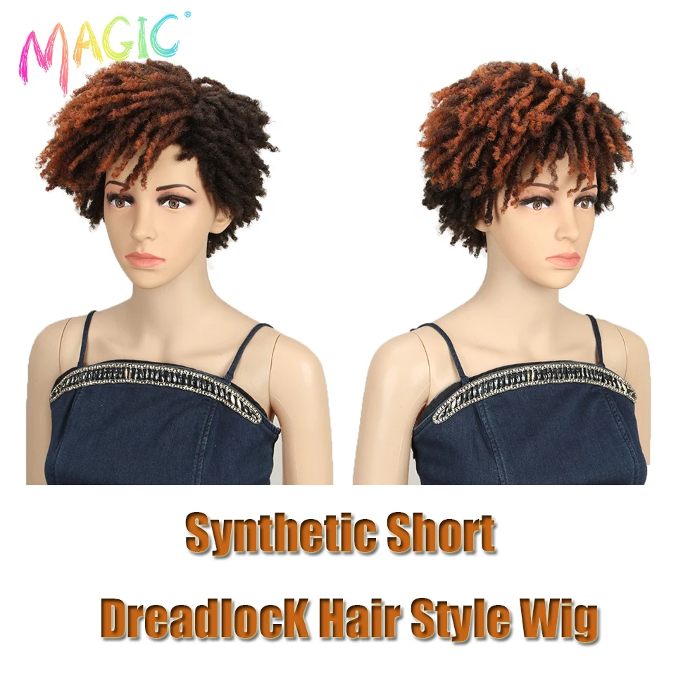Sihirli 10 Inç Sentetik Afro Kinky Kıvırcık Peruk Kısa Dreadlock kahküllü peruk Ombre Siyah Sarışın Tığ Peruk Siyah Kadınlar için