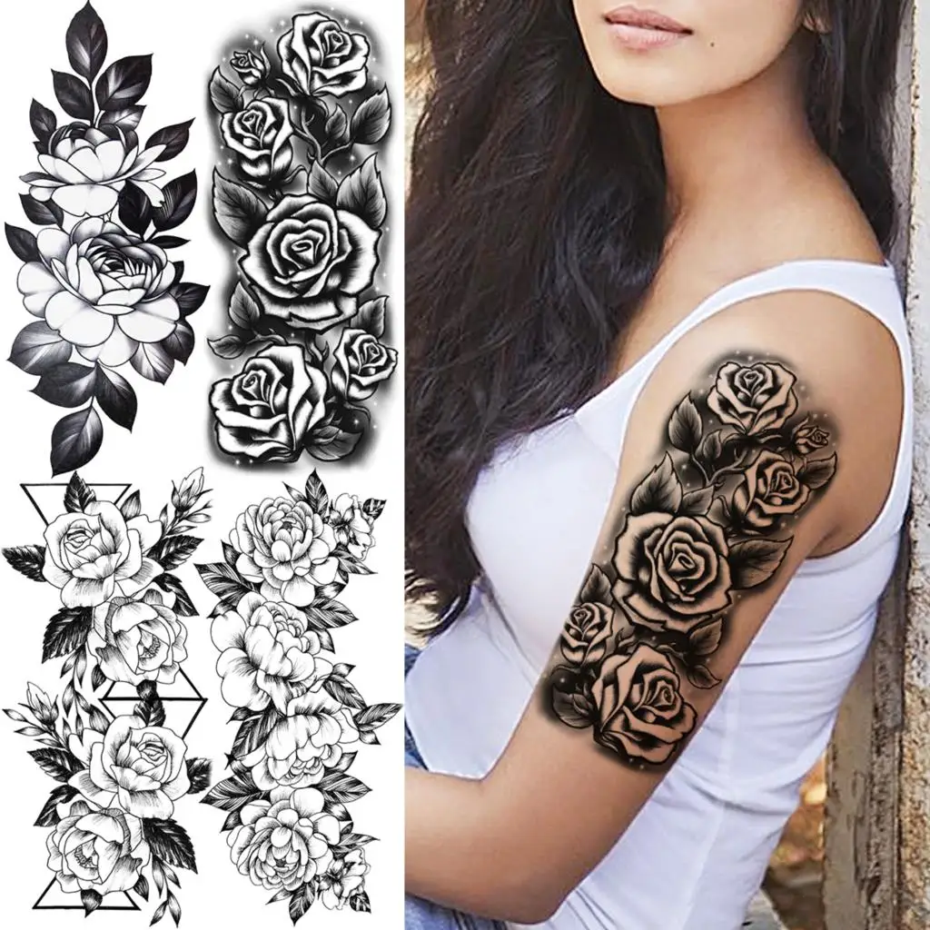 

3D Black Rose Flower Arm Temporary Tattoos For Women Adult Girl Geometric Peony Fake Tattoo Thigh Waterproof Half Sleeve Tatoo