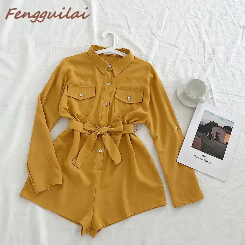 Estilo coreano 2021 nova moda feminina playsuits chique duplo bolso cinta magro de manga comprida macacão casual para mulher