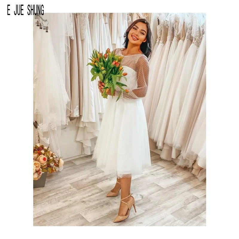 

E JUE SHUNG Elegant Short Tulle Wedding Dresses Illusion Long Sleeves Scoop Neck Zipper Back Boho Wedding Gowns robe de mariee