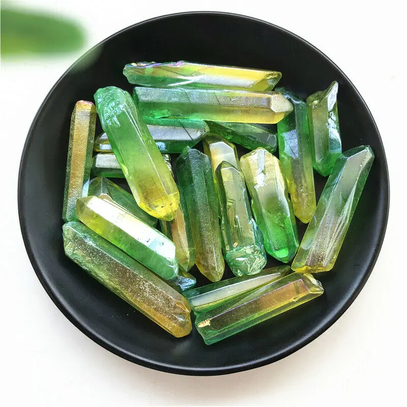 50g Green and Yellow Aura Quartz Crystal Point Titanium Treated Quartz Wand Decor Natural Quartz Crystals Mineral Crystals