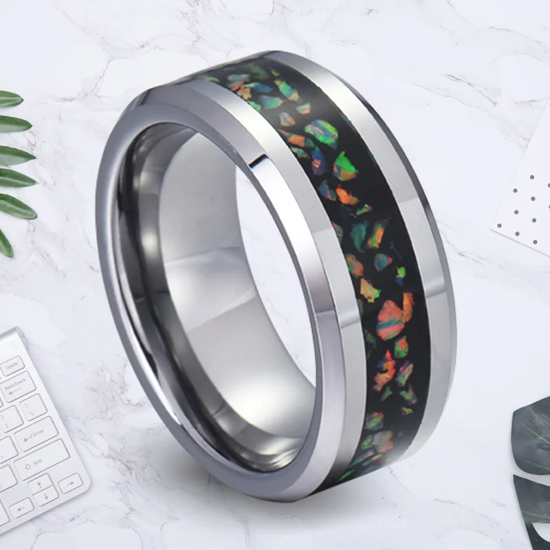 New Arrival 8mm Width Men's Stainlness Steels Rings for Anniversary Inlay Opal High Polished Comfort Fit Size 6-14