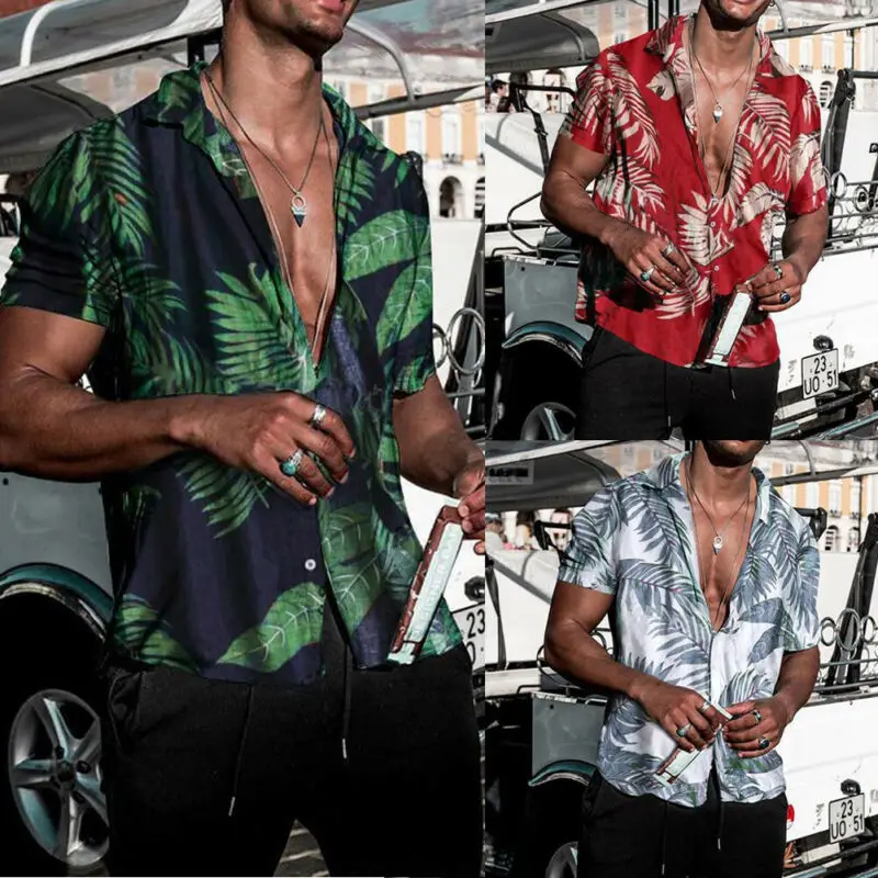 US Men\'s Hawaiian Shirt Summer Floral Print Beach Short Sleeve Casual Luau Shirt Tops Holiday Shirts Tops