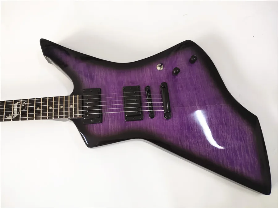 A new high quality custom shaped 6 - string electric guitar with purple and black accessories