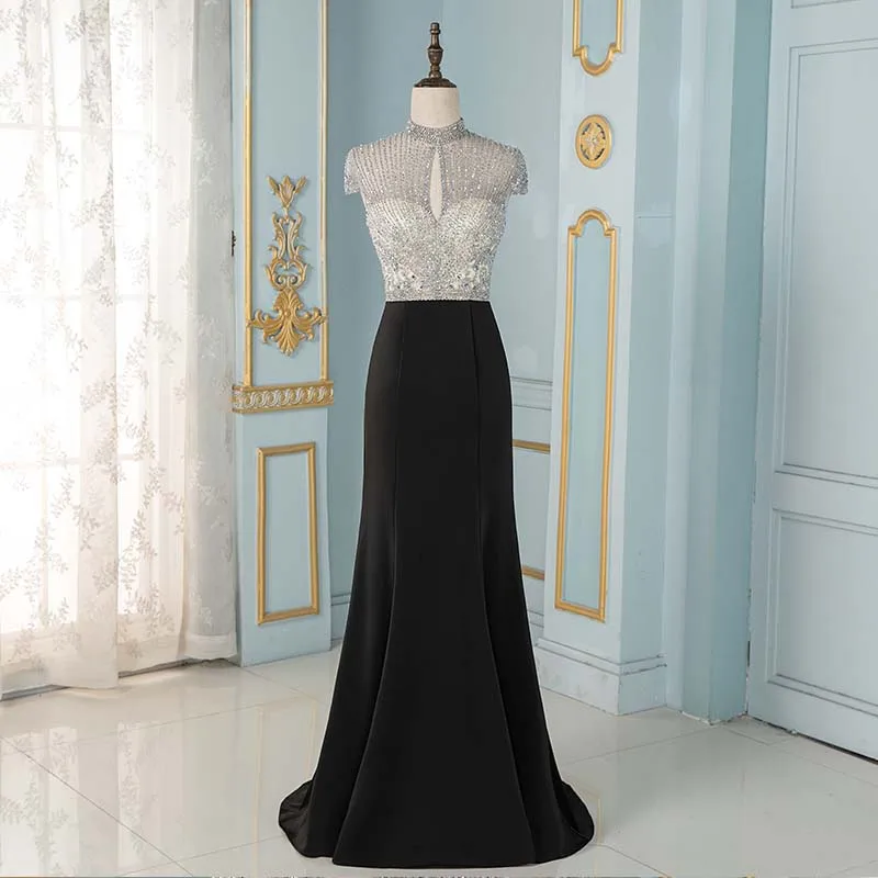 Elegant Black Crystals Mermaid Evening Dresses Long Cap Sleeve Formal Evening Gown YQLNNE