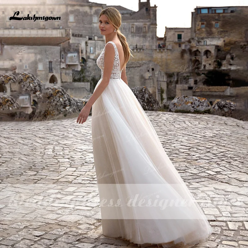 Vestido de novia blanco de encaje con escote en V, vestido de novia de princesa, corte en A, bohemio, elegante, para verano, 2021