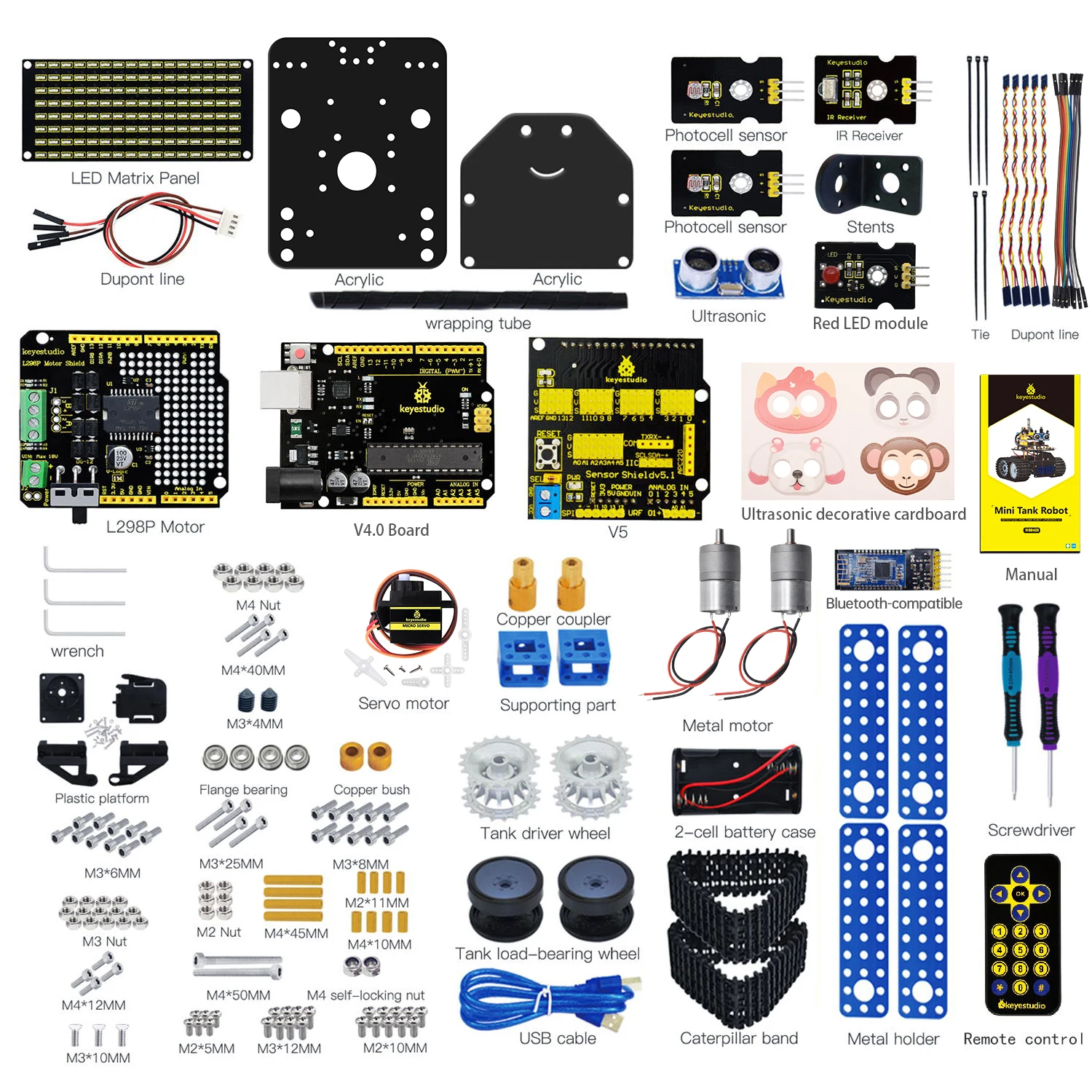 2024 NOWY! Keyestudio DIY Mini Tank V2.0 inteligentny zestaw samochodowy robota dla Arduino Robot STEM/obsługa IOS i sterowanie aplikacją na Androida