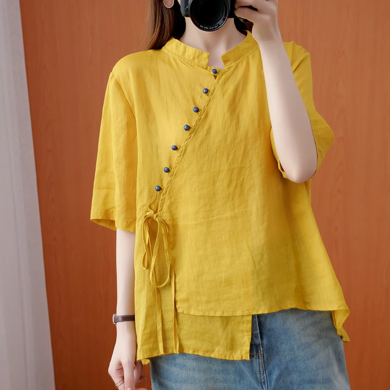 Summer retro standing collar female shirts color buttons irregular top chinese style blouse