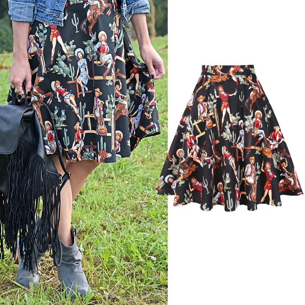 

Retro Cotton Black Skirt 2022 New Summer Western Girl Print Sexy Elegant 50s 60s Vintage Women Skirts VD0020