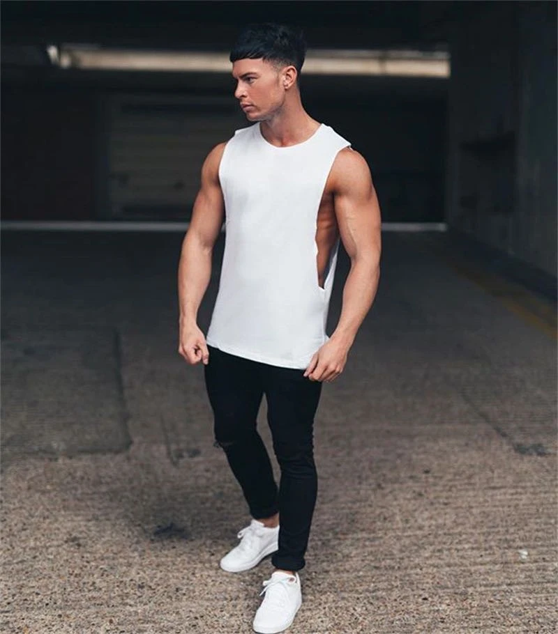 Mens Wide open Sexy Muscle Tank Top Summer Gym Clothing Cotton Fitness Workout Sleeveless Shirt Male Extend Long Hip Hop Vest