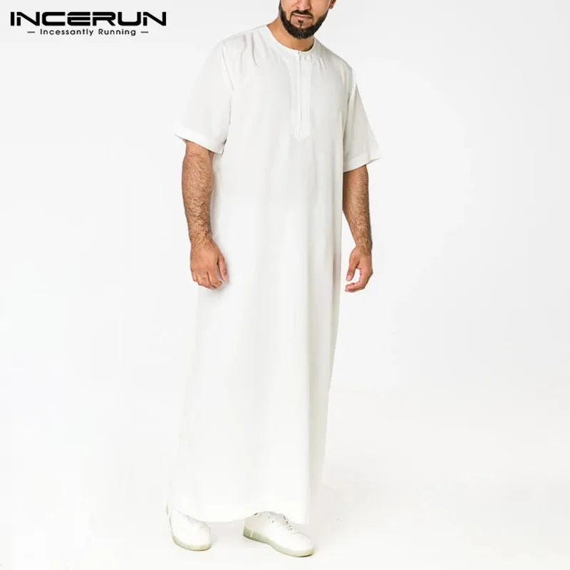 Saudi Stijl Rits Jubba Thobe Incerun Mannen Effen Kleur Gewaden Man Vintage Korte Mouw O Hals Moslim Arabische Islamitische Kleding s-5XL