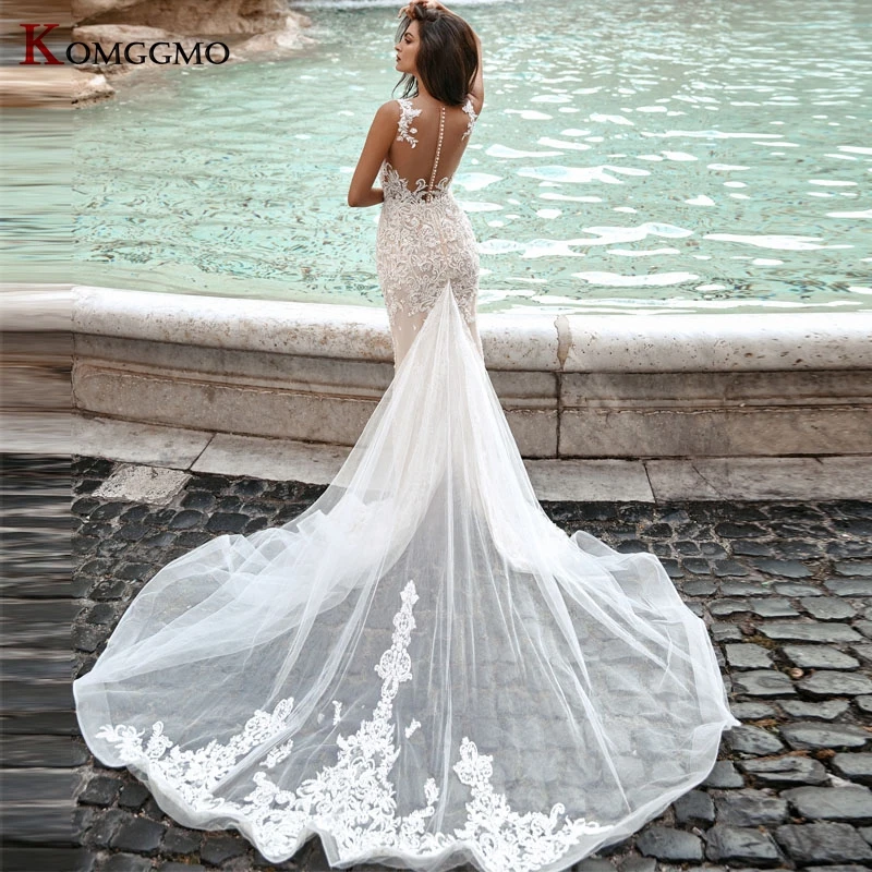 Custom Made Sleeveless Embroidery Appliques Tulle Button Back Mermaid Wedding Dress High-End V-Neck Chapel Train Bridal Gown