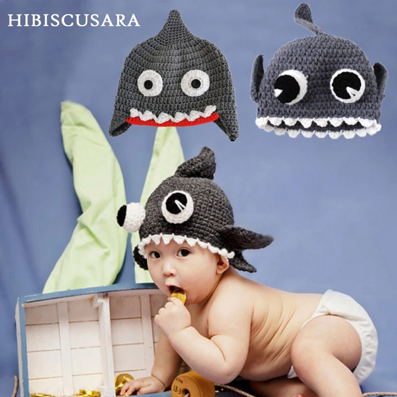 Cute Shark Baby Knitted Hat Hand Crochet Infant Cartoon Sark Caps Bonnet Newborn Baby Photography Props Accessories Beanie