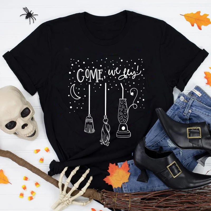 Come We Fly 100% Cotton T-shirt Funny Women Halloween Party Gift Tshirt Autumn Short Sleeve Graphic Witch Tops Tees Dropshipping