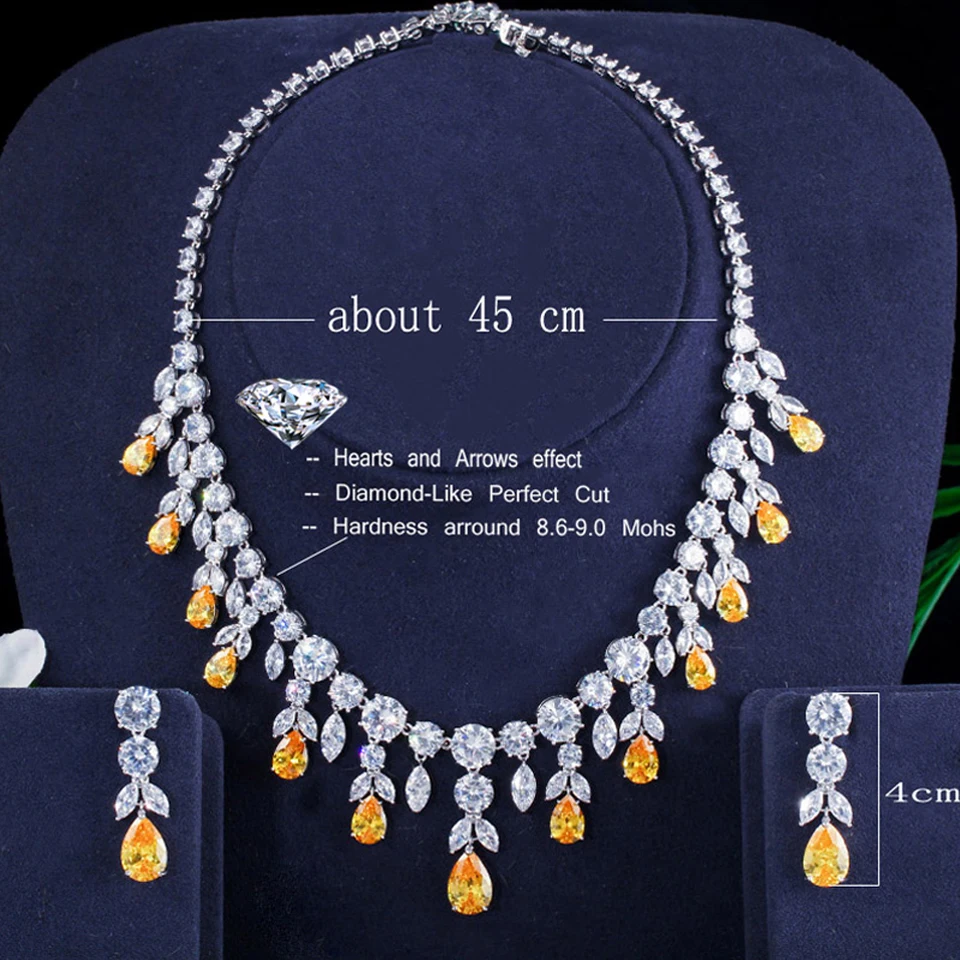 ThreeGraces Luxury Green CZ Stone Earrings Necklace Set Brilliant Big Long Drop Wedding Bridal Dress Jewelry Set for Women JS256