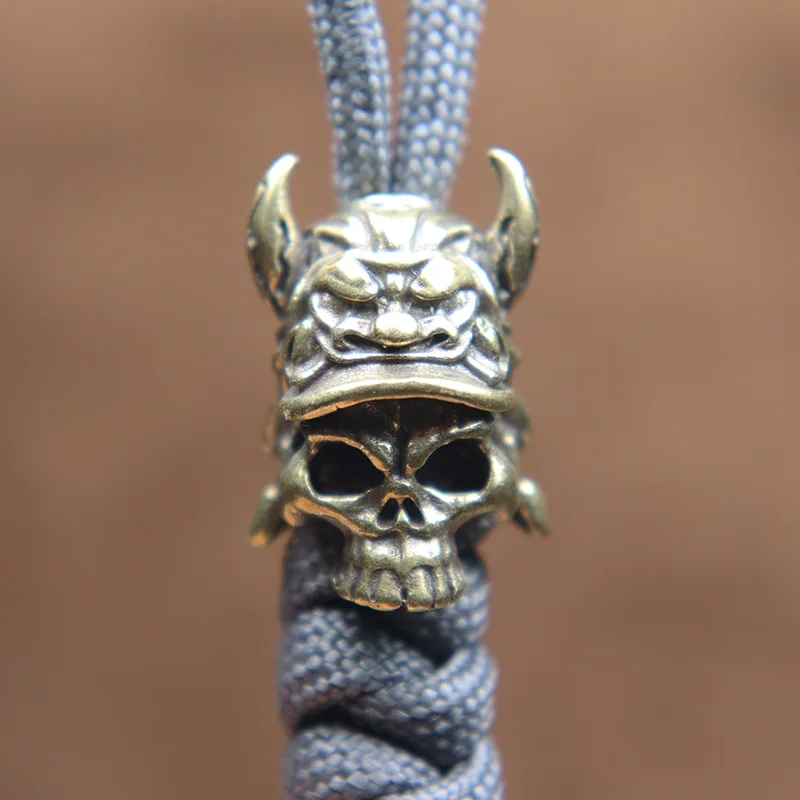 Cracked Ox Horn Tiger Head Helmet Skull Warrior Knife Bead Brass DIY Paracord Woven Lanyard Keychain Pendant Jewelry Accessories