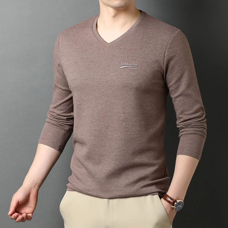 2023 Top Quality New Fashion Brand 95% Cotton 5% Spandex Plain V Neck Long Sleeve t Shirt Men Cotton Casual Men Clothes