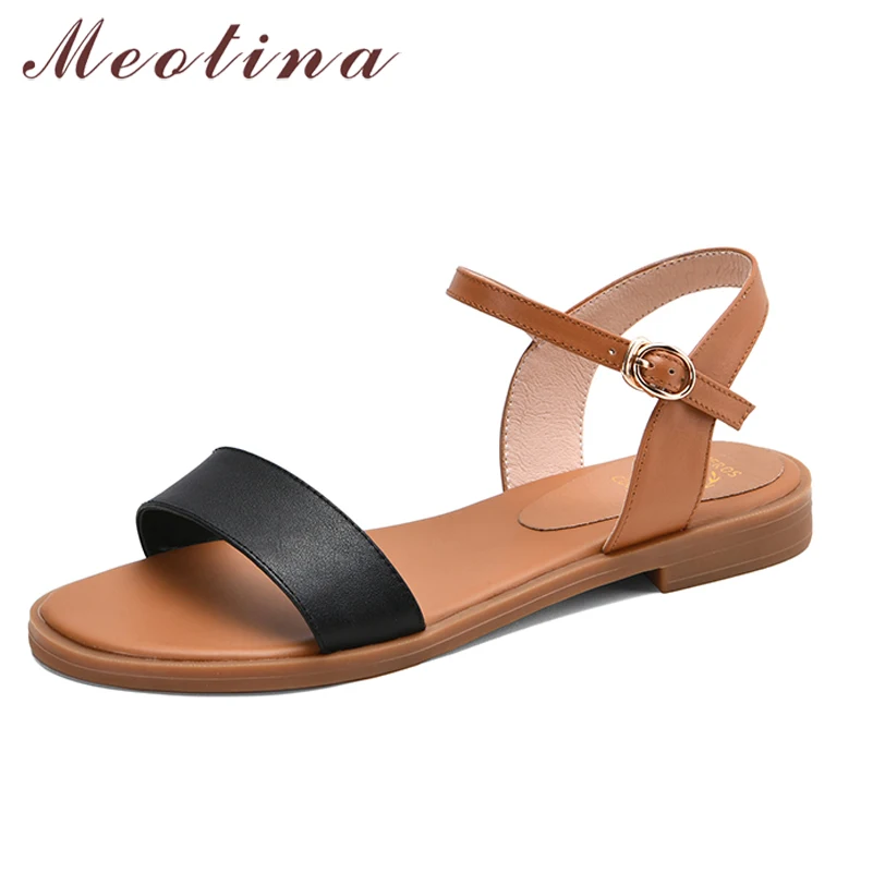 Meotina Women Shoes Flat Sandals Natural Genuine Leather Buckle Square Heel Shoes Cow Leather Sandals Female 2020 Big Size 43