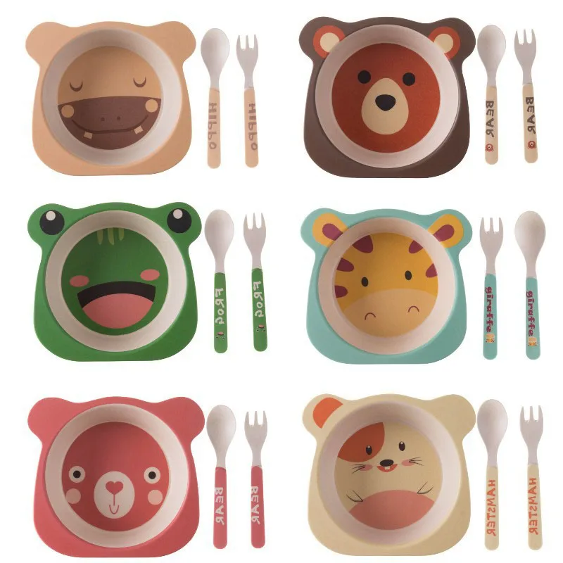 

3pcs/set Bamboo Fiber Baby Cartoon Eating Tableware Kids Dinner Plate Toddler Feeding Dishes Children Training Bowl Spoon Fork