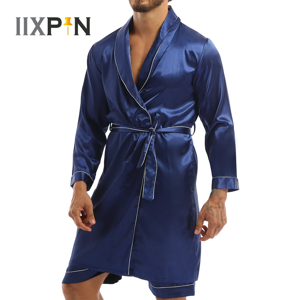 

Spring Summer Thin Mens Pajamas Solid Long Sleeves Pyjamas Night Robe Dressing Gown Male Silk Satin Kimono Bathrobe Sleepwear