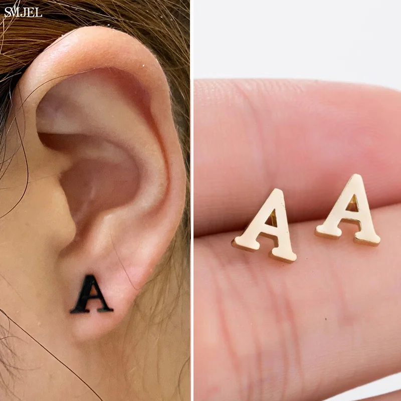 Stainless Steel 26 A-Z Initial Letter Earrings 2024 Trend Small Black Alphabet Name Earring Ear Piercing Jewelry Gift