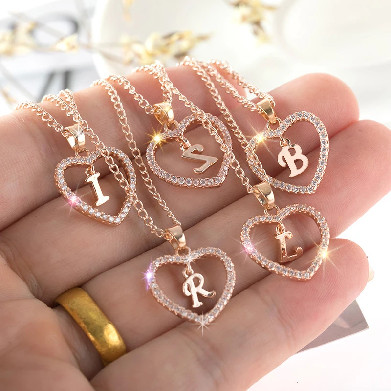 26 Letters Heart Pendant Necklace Glitter Fine Zircon Initials A-z Neck Chain For Women Fashion Jewelry Accessories Couple Gifts