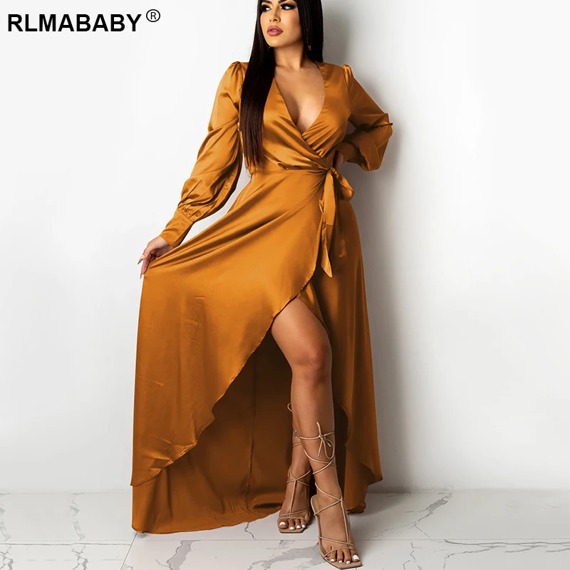 Fashion Sexy V Neck Long Sleeve Bandage Split Maxi Satin Dress Women Solid Color Elegant Club Party Lace Up Wrap Bodycon Dress