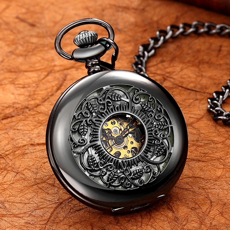 LED Light Night Luminous Hand Wind Mechanical Pocket Watch FOB Chain Locket Dial Hollow Steampunk Skeleton Men Women Clock