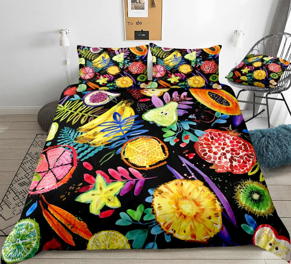 

Watercolor Fruits Duvet Cover Set Tropical Fruits Plants Bedding Colorful Fruits Quilt Cover Queen Bed Set Pineapples Dropship