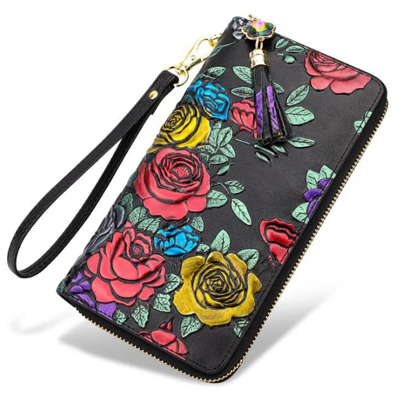 Wallet Woman 2022 Embossed Dragonfly Rose Clutch with Tassel Wristlet Purse Long Genuine Leather Evening Bag Wallets for Women