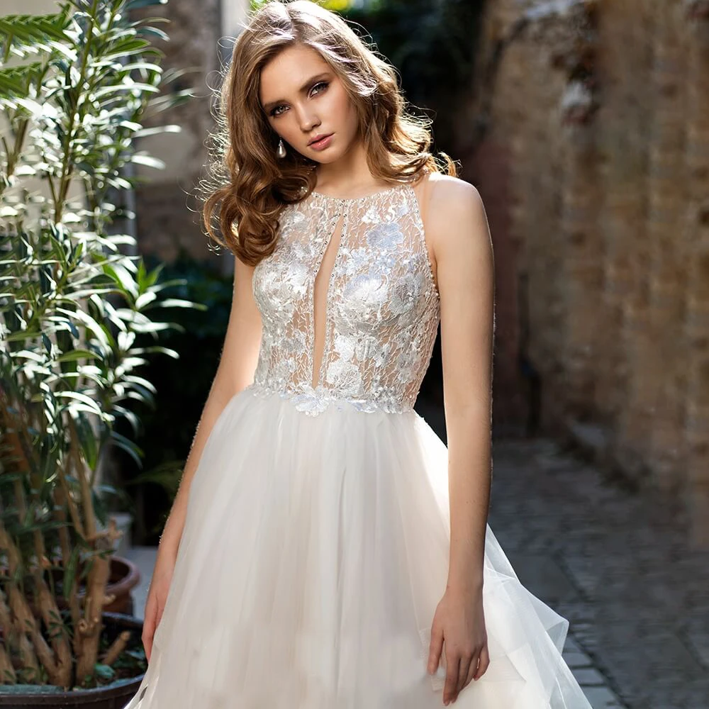 Appliqued Spitze Halter Rüschen Braut Ballkleider Nach Maß Ärmel Große Größe Keyhole Zurück Perlen Luxus 2021 Hochzeit Kleid