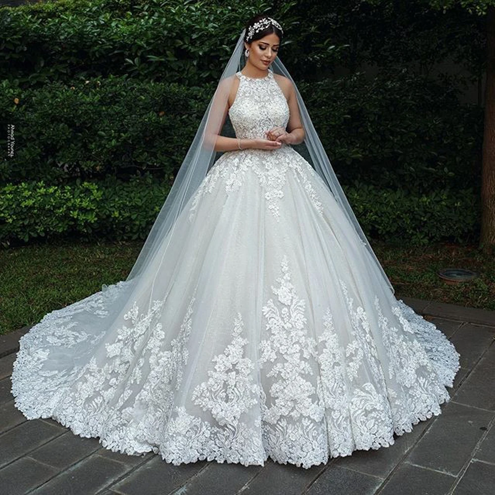 Laço de luxo muçulmano noiva vestidos de casamento a linha 2020 novo sem mangas tribunal trem nupcial vestidos de casamento plus size robe de mariee