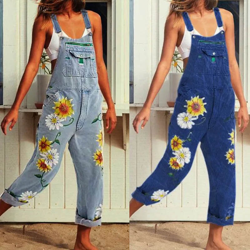 Denim Jeans Bib Pant Suspender Trouser Summer Casual Female Women Printed One-Piece Overalls Romper Jumpsuit Streetwear Oversize