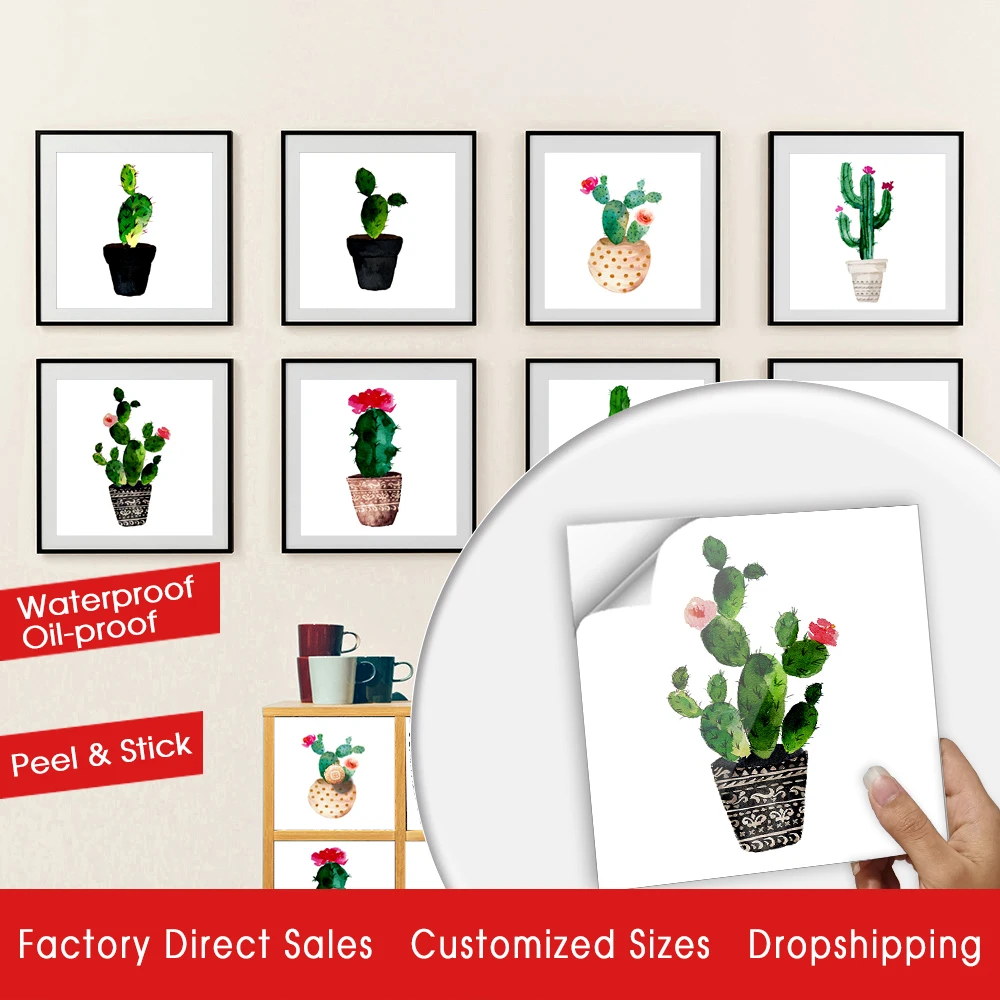 10pcs/set Hand Painted Green Cactus Crystal Hard Tiles Wall Sticker Kitchen Tables Home Renovation Wallpaper DIY Art Wall Decals